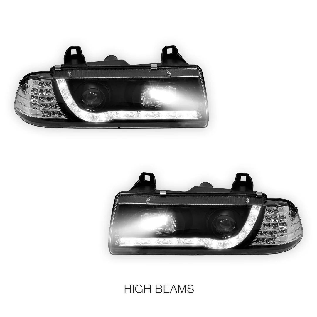 BMW 3 Series E36 (1991 - 1999) Black DRL LED Headlights LH + RH - Image 5