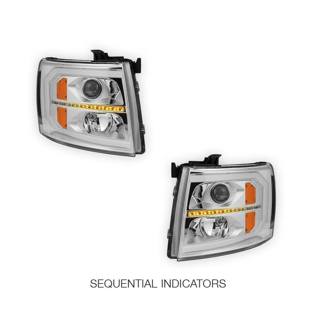 Chevrolet Silverado 3500 HD LS / LT / LTZ (2007 - 2014) LED DRL Bar + Sequential Signal Projector Headlights LH + RH - Image 3