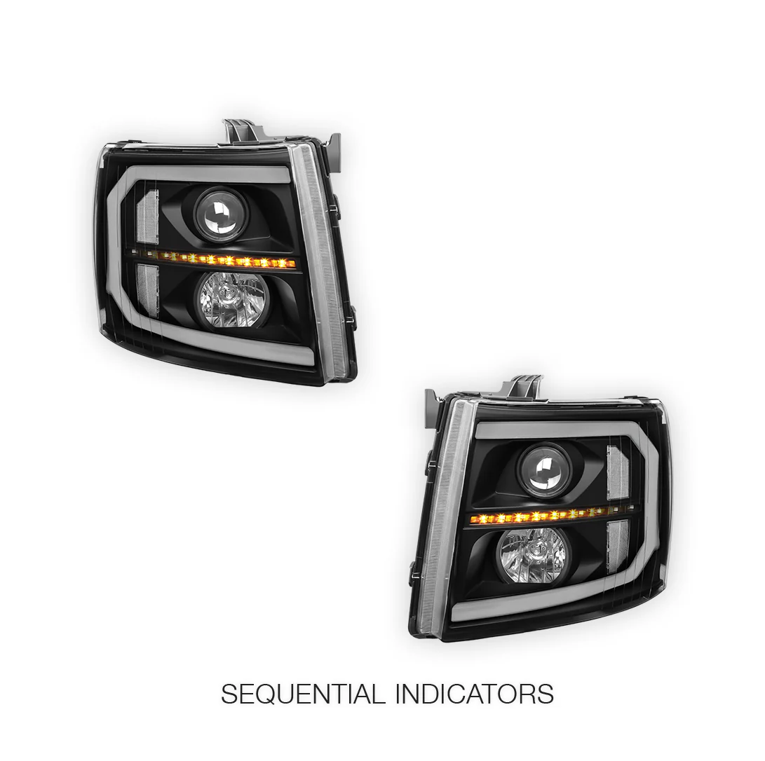 Chevrolet Silverado 3500 HD LS / LT / LTZ (2007 - 2014) LED DRL Bar + Sequential Signal Projector Headlights LH + RH - Image 9
